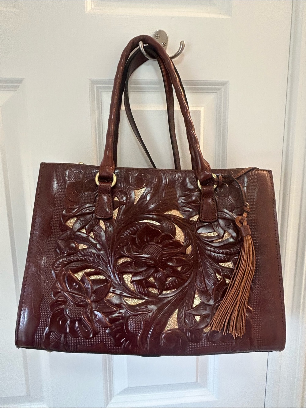 Patricia Nash Brown Floral Embossed Leather Bag with Dust Cover